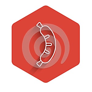 White line Hotdog sandwich icon isolated with long shadow. Sausage icon. Street fast food menu. Red hexagon button
