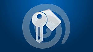 White line Hotel door lock key icon isolated on blue background. 4K Video motion graphic animation