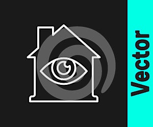 White line House with eye scan icon isolated on black background. Scanning eye. Security check symbol. Cyber eye sign