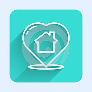 White line House with heart shape icon isolated with long shadow. Love home symbol. Family, real estate and realty