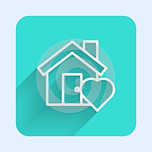 White line House with heart shape icon isolated with long shadow. Love home symbol. Family, real estate and realty