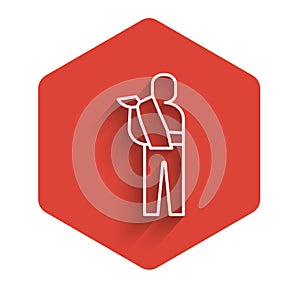 White line Human broken arm icon isolated with long shadow. Injured man in bandage. Red hexagon button. Vector