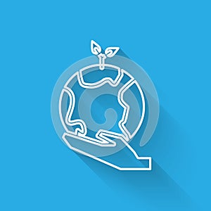 White line Human hands holding Earth globe icon isolated with long shadow. Save earth concept. Vector Illustration