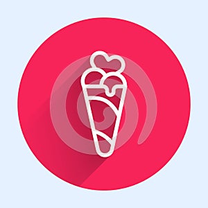 White line Ice cream in waffle cone icon isolated with long shadow. Sweet symbol. Red circle button. Vector