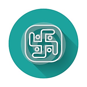 White line Jainism icon isolated with long shadow. Green circle button. Vector