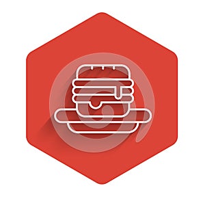 White line Junk food icon isolated with long shadow. Prohibited hot dog. No Fast food sign. Red hexagon button. Vector