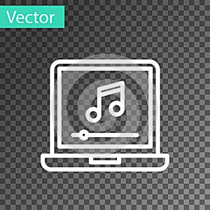 White line Laptop with music note symbol on screen icon isolated on transparent background. Vector