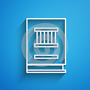 White line Law book icon isolated on blue background. Legal judge book. Judgment concept. Long shadow