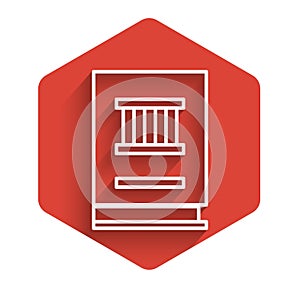 White line Law book icon isolated with long shadow. Legal judge book. Judgment concept. Red hexagon button. Vector