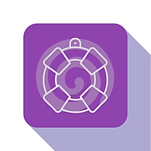 White line Lifebuoy icon isolated on white background. Lifebelt symbol. Purple square button. Vector