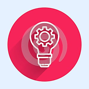 White line Light bulb and gear icon isolated with long shadow. Innovation concept. Business idea. Red circle button