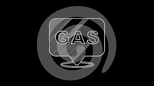 White line Location and petrol or gas station icon isolated on black background. Car fuel symbol. Gasoline pump. 4K
