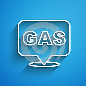 White line Location and petrol or gas station icon isolated on blue background. Car fuel symbol. Gasoline pump. Long