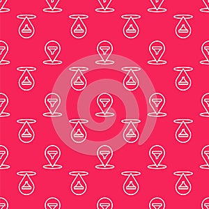 White line Location with sales funnel icon isolated seamless pattern on red background. Infographic template. Vector