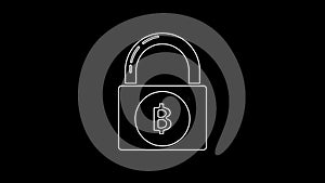 White line Lock with bitcoin icon isolated on black background. Cryptocurrency mining, blockchain technology, security