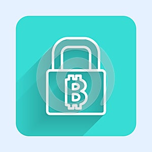 White line Lock with bitcoin icon isolated with long shadow. Cryptocurrency mining, blockchain technology, security