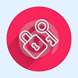 White line Lock with key icon isolated with long shadow. Love symbol and keyhole sign. Red circle button. Vector