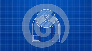 White line Magnet icon isolated on blue background. Horseshoe magnet, magnetism, magnetize, attraction. 4K Video motion