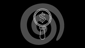 White line Magnifying glass and dollar symbol icon isolated on black background. Find money. Looking for money. 4K Video