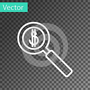 White line Magnifying glass and dollar symbol icon isolated on transparent background. Find money. Looking for money