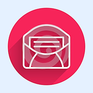 White line Mail and e-mail icon isolated with long shadow background. Envelope symbol e-mail. Email message sign. Red