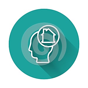 White line Man dreaming about buying a new house icon isolated with long shadow. Green circle button. Vector