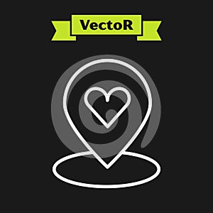 White line Map pointer with heart icon isolated on black background. Valentines day. Love location. Romantic map pin