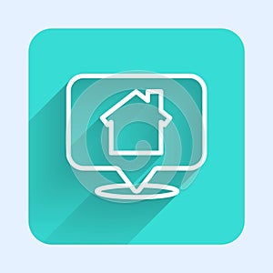 White line Map pointer with house icon isolated with long shadow. Home location marker symbol. Green square button