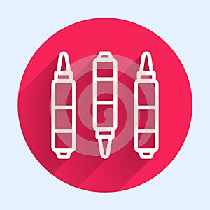 White line Marker pen icon isolated with long shadow background. Felt-tip pen. Red circle button. Vector