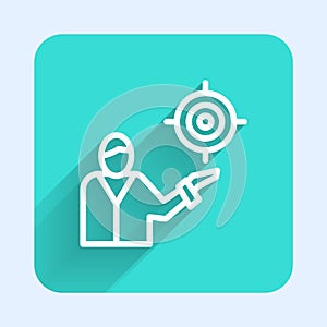 White line Marketing target strategy concept icon isolated with long shadow. Aim with people sign. Green square button
