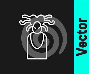 White line Medusa Gorgon head with snakes greek icon isolated on black background. Vector