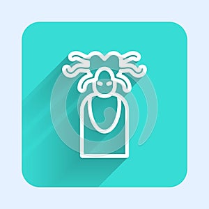 White line Medusa Gorgon head with snakes greek icon isolated with long shadow. Green square button. Vector