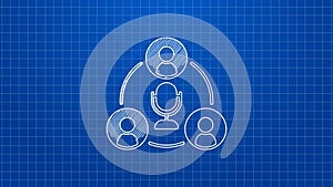 White line Meeting icon isolated on blue background. Business team meeting, discussion concept, analysis, content