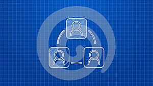 White line Meeting icon isolated on blue background. Business team meeting, discussion concept, analysis, content