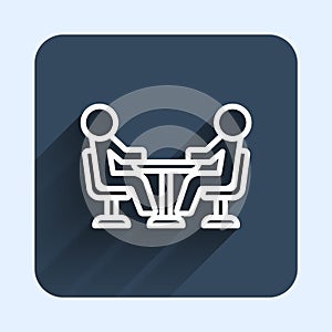 White line Meeting icon isolated with long shadow background. Business team meeting, discussion concept, analysis