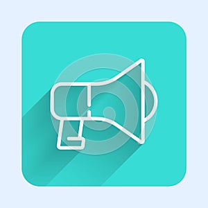 White line Megaphone icon isolated with long shadow. Speaker sign. Green square button. Vector