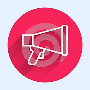 White line Megaphone icon isolated with long shadow. Speaker sign. Red circle button. Vector