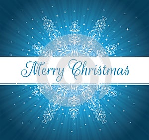 White line with Merry Christmas text. Pattern in a shape of a snowflake on the blue background.