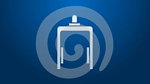 White line Metal detector in airport icon isolated on blue background. Airport security guard on metal detector check