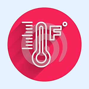 White line Meteorology thermometer measuring heat and cold icon isolated with long shadow. Temperature Fahrenheit. Red