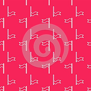 White line Meteorology windsock wind vane icon isolated seamless pattern on red background. Windsock indicate the