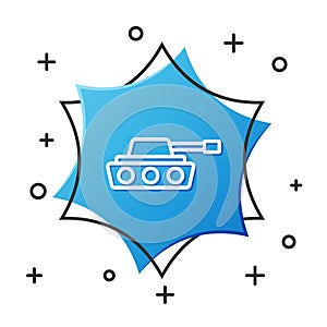 White line Military tank icon isolated on white background. Blue hexagon button. Vector