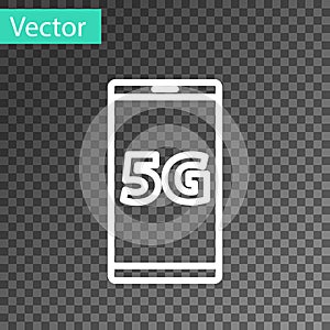 White line Mobile with 5G new wireless internet wifi icon isolated on transparent background. Global network high speed