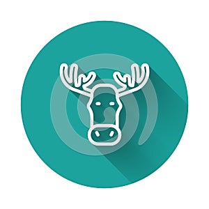 White line Moose head with horns icon isolated with long shadow. Green circle button. Vector