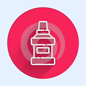 White line Mouthwash plastic bottle icon isolated with long shadow. Liquid for rinsing mouth. Oralcare equipment. Red