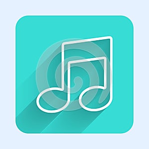 White line Music note, tone icon isolated with long shadow. Green square button. Vector Illustration