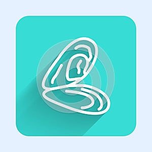 White line Mussel icon isolated with long shadow. Fresh delicious seafood. Green square button. Vector