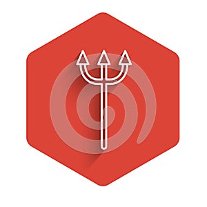 White line Neptune Trident icon isolated with long shadow. Red hexagon button. Vector