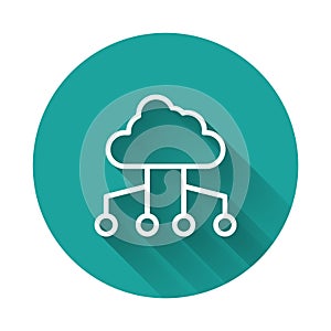 White line Network cloud connection icon isolated with long shadow background. Social technology. Cloud computing