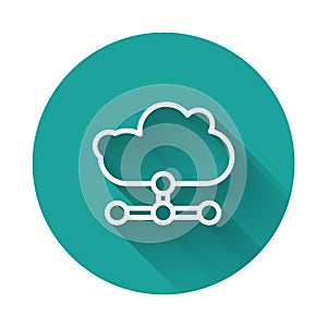 White line Network cloud connection icon isolated with long shadow. Social technology. Cloud computing concept. Green
